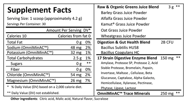 Rebalance Super Greens Green Fitness and Health Supplement - 10 Calories Per Serving - Green Drink - Supplement Facts Sheet + Nutrition Information