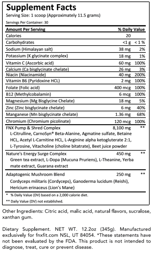 Recharge Pre Workout (Preworkout) Nitric Oxide Booster Fitness Supplement - from FNX Fitness in USA Supplement Facts + Nutrition Information