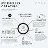 Rebuild Creatine Powder Fitness Supplement - 5g Creatine - Unflavored - from FNX Fitness in USA Infographic Image (Unflavored for Mixing, Nitrogenous Organic Acid, Benefits, Energy + Recovery, ATP to ADP, 5g Creatine Per Serving, Creatine)